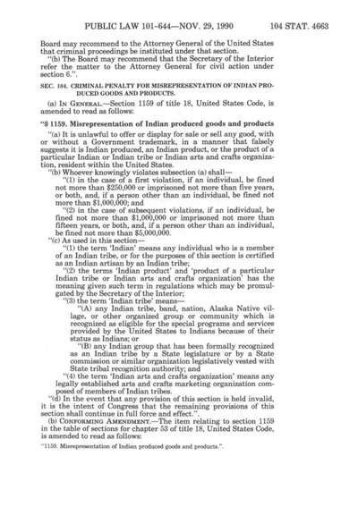 Indian Arts and Crafts Act of 1990 - Removal: Ohio's Treaty Tribes